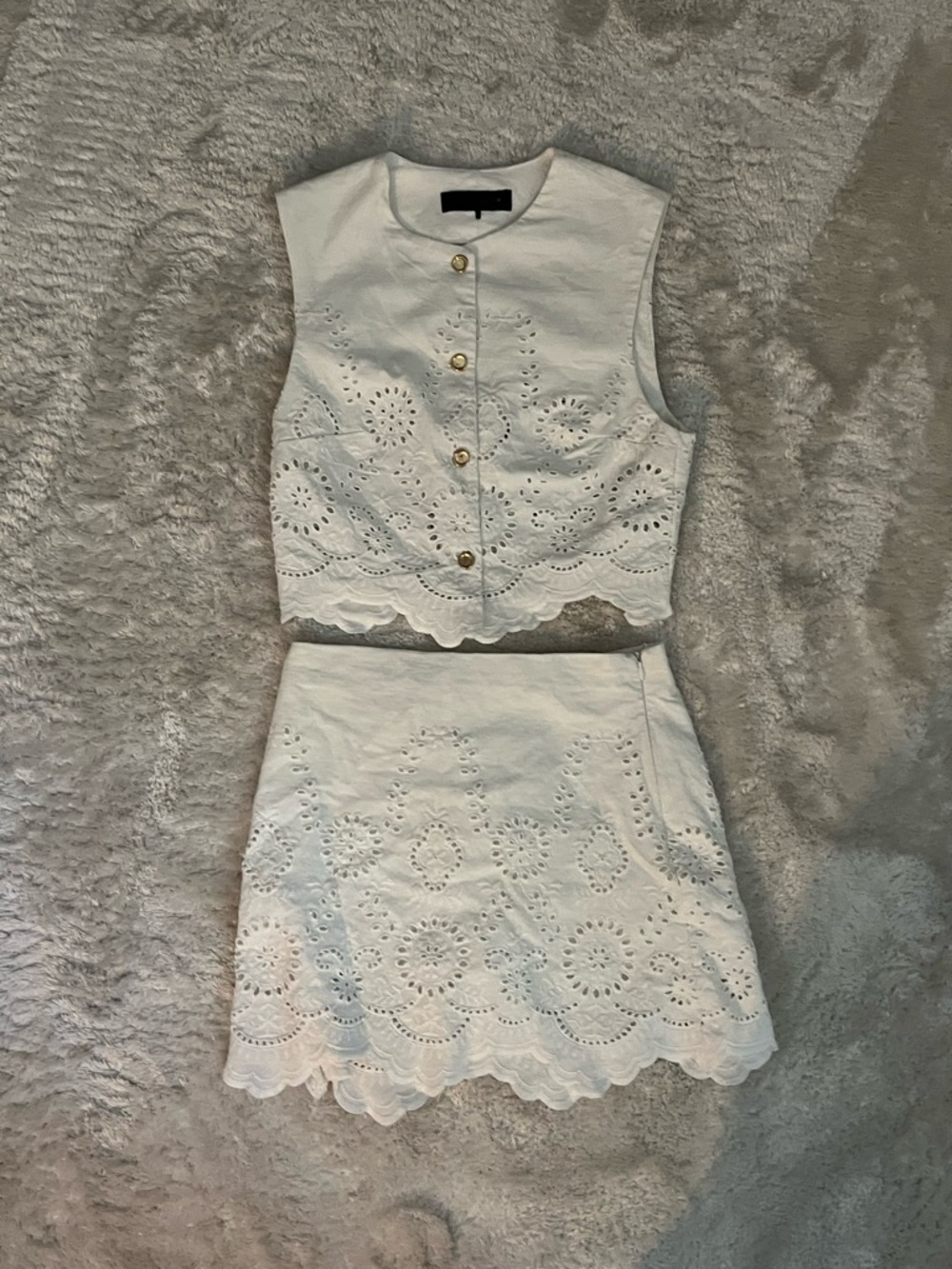 Zara White Eyelet Two-Piece Top (Size S) & Skirt (Size XS) Set